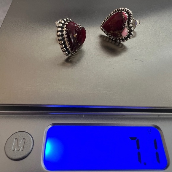 ❤️ Red Rose Pink Dahlia Turquoise 925 Southwestern Post Back Heart Earrings 7 gm - Picture 6 of 10